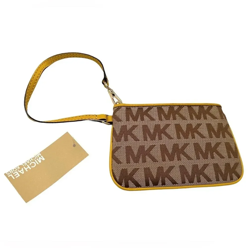 NEW MICHAEL KORS Wristlet Signature Tan & Brown Yellow Trim FAST SHIP 681-23